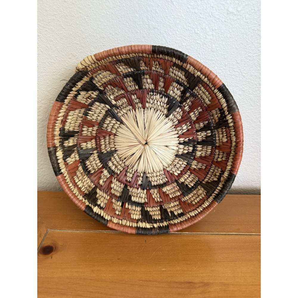 Vintage Handcrafted Tight Weave‎ Coiled Woven Tribal Style Basket-9in